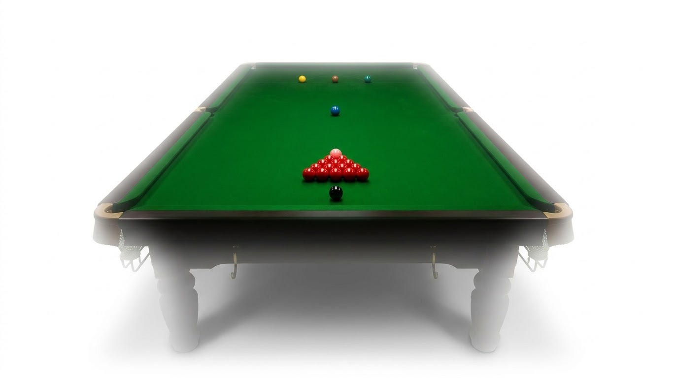 A professional snooker table lit from above, reds racked, floating on white